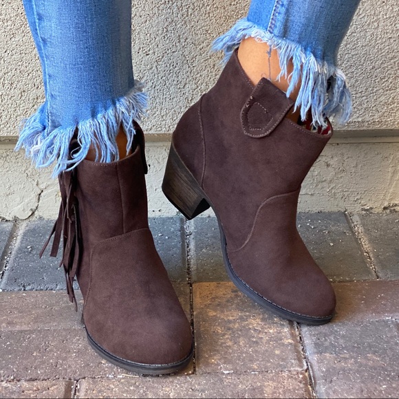 Texas Brown Side Fringe Western Chic Ankle Boots - Picture 8 of 12